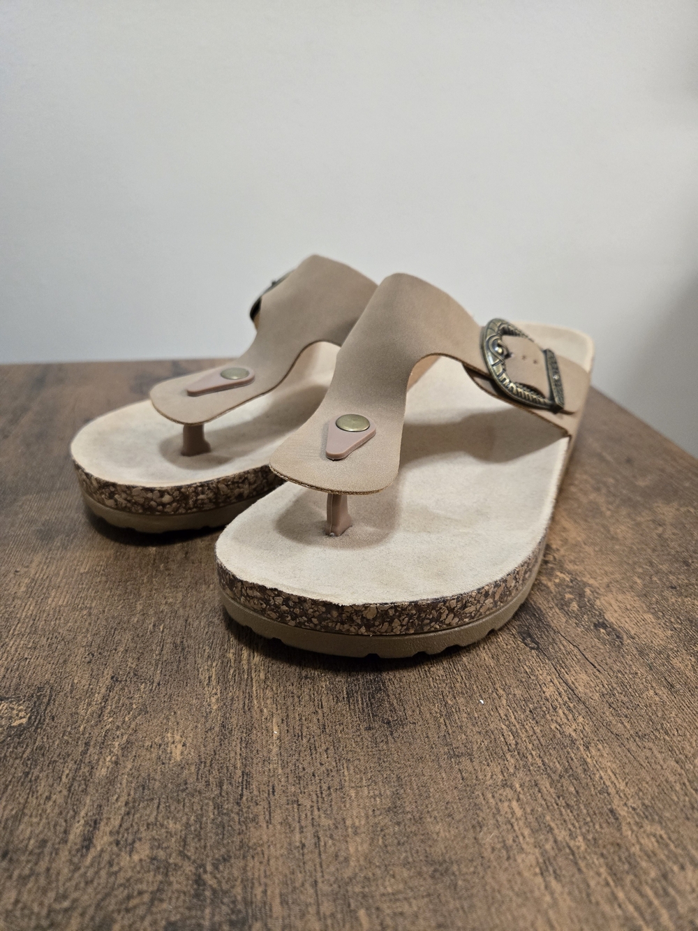 Women's Taupe Faux-Leather Toe-Post Sandals with Decorative Buckle
